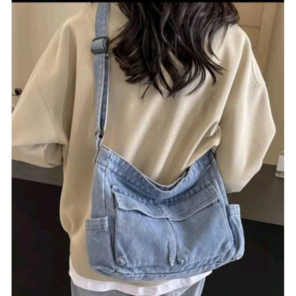 Tas selempang wanita sling bag wanita dan pria unisex jeans denim premium