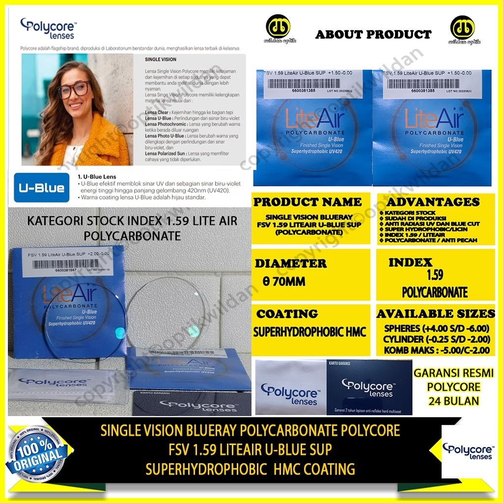 LITEAIR POLYCORE SINGLE VISION BLUERAY POLYCARBONATE/FSV 1.59 LITEAIR U-BLUE SUP ORIGINAL