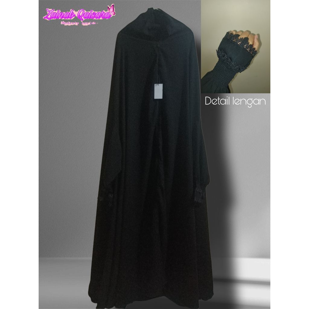 long Khimar jetblack lengan smoke renda susun