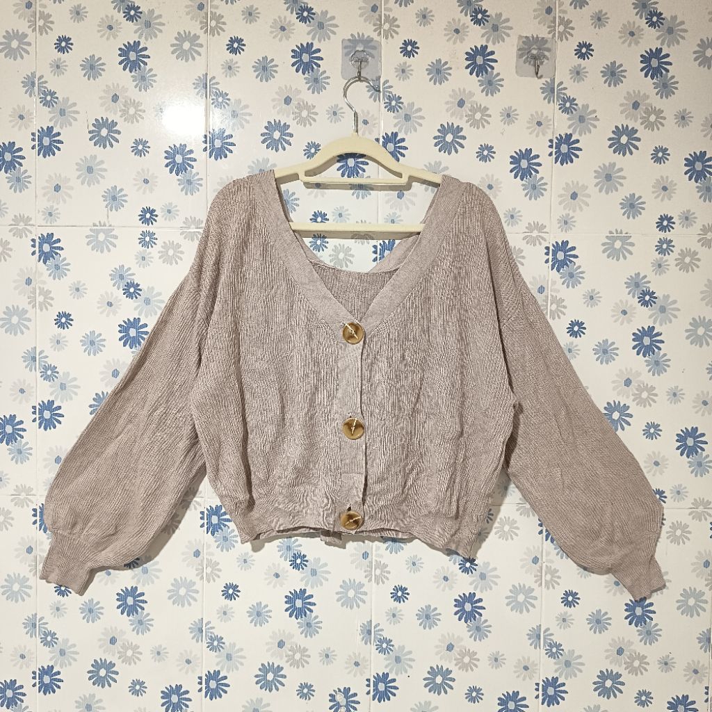 Cardigan Knit Knitweae Rajut Lengan Balon Tali Pita Semi Crop Uniqlo ZARA