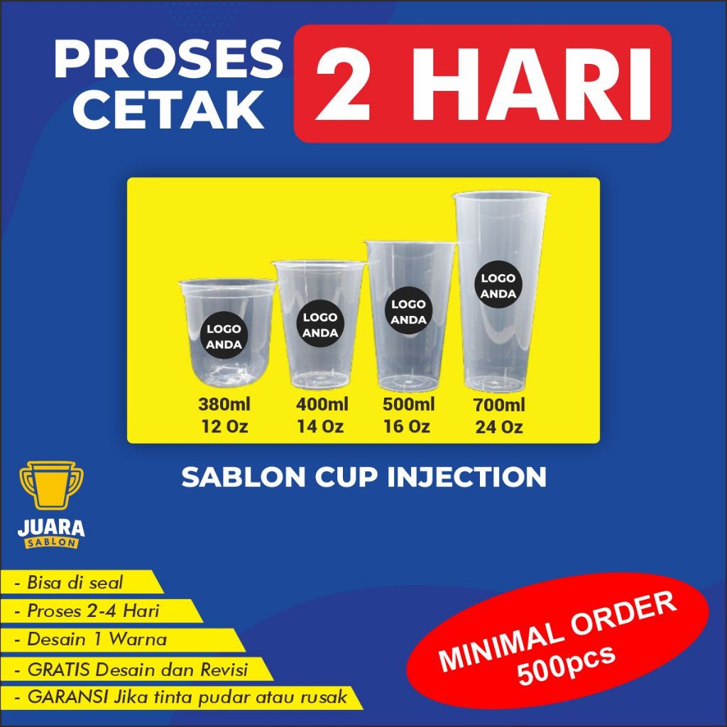 Sablon Cup Gelas Packaging Plastik INJECTION + Tutup Lid Bening Transparan Custom 12 Oz, 14 Oz, 16 O