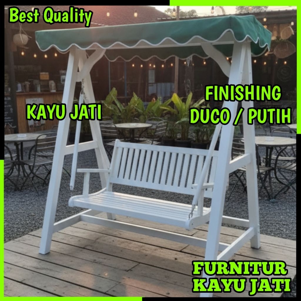 Kursi Ayunan Kayu jati Gantung kanopi Teras Outdoor Cat duco putih Model Minimalis Produk Asli Jepar