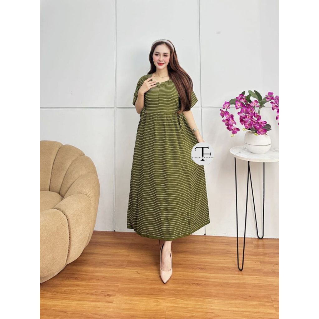 DRESS CHIBI - DASTER Motif Garis LD 110 Wanita Busui Rayon Midi