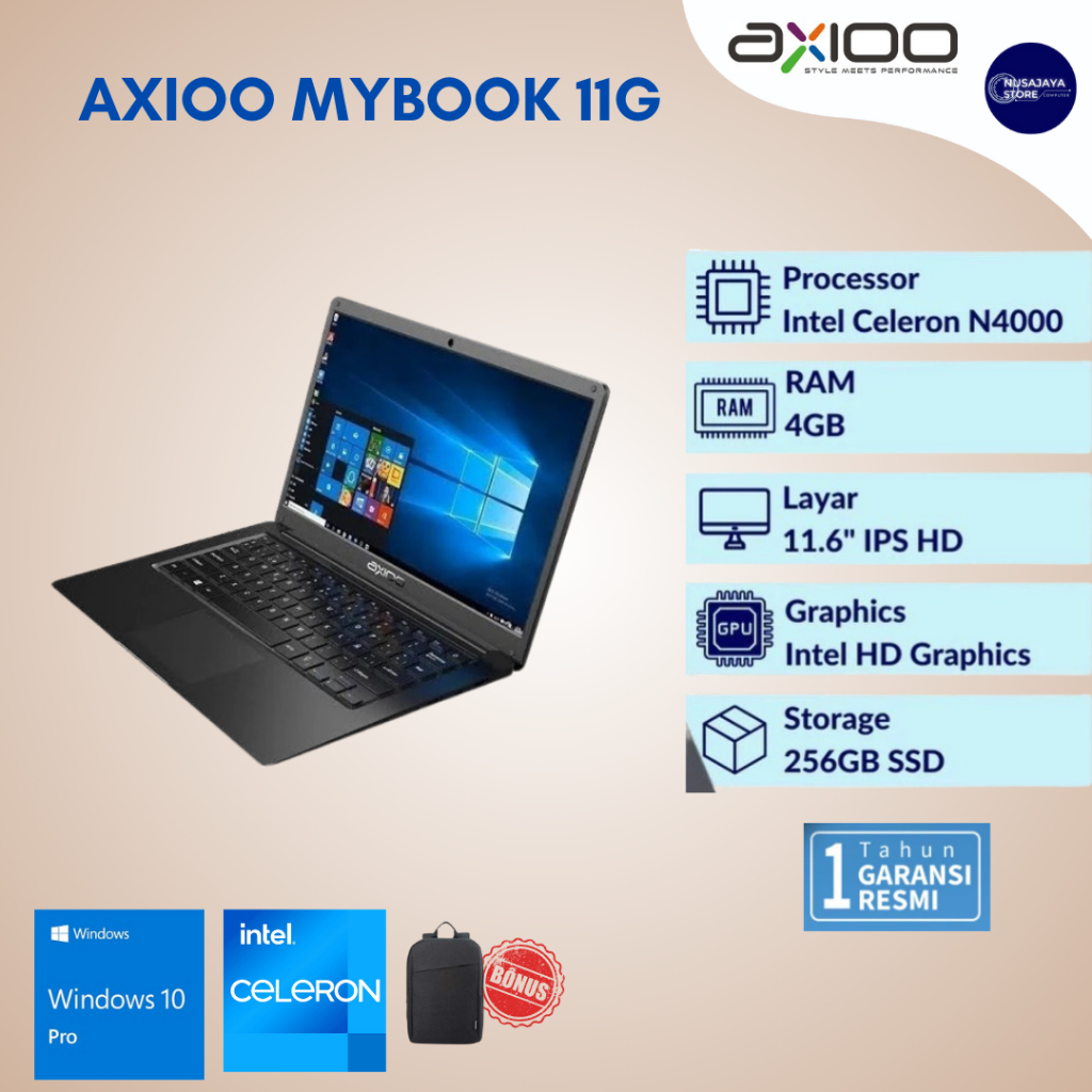 Axioo MyBook 11G Intel N4020 RAM 4GB SSD 256GB 11"HD windows 10 PRO