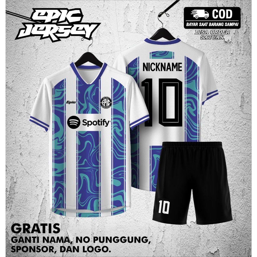 JERSEY FUTSAL CUSTOM FULL PRINTING WARNA BIRU PUTIH GANTI NAMA DAN NOMOR PUNGGUNG KEKINIAN