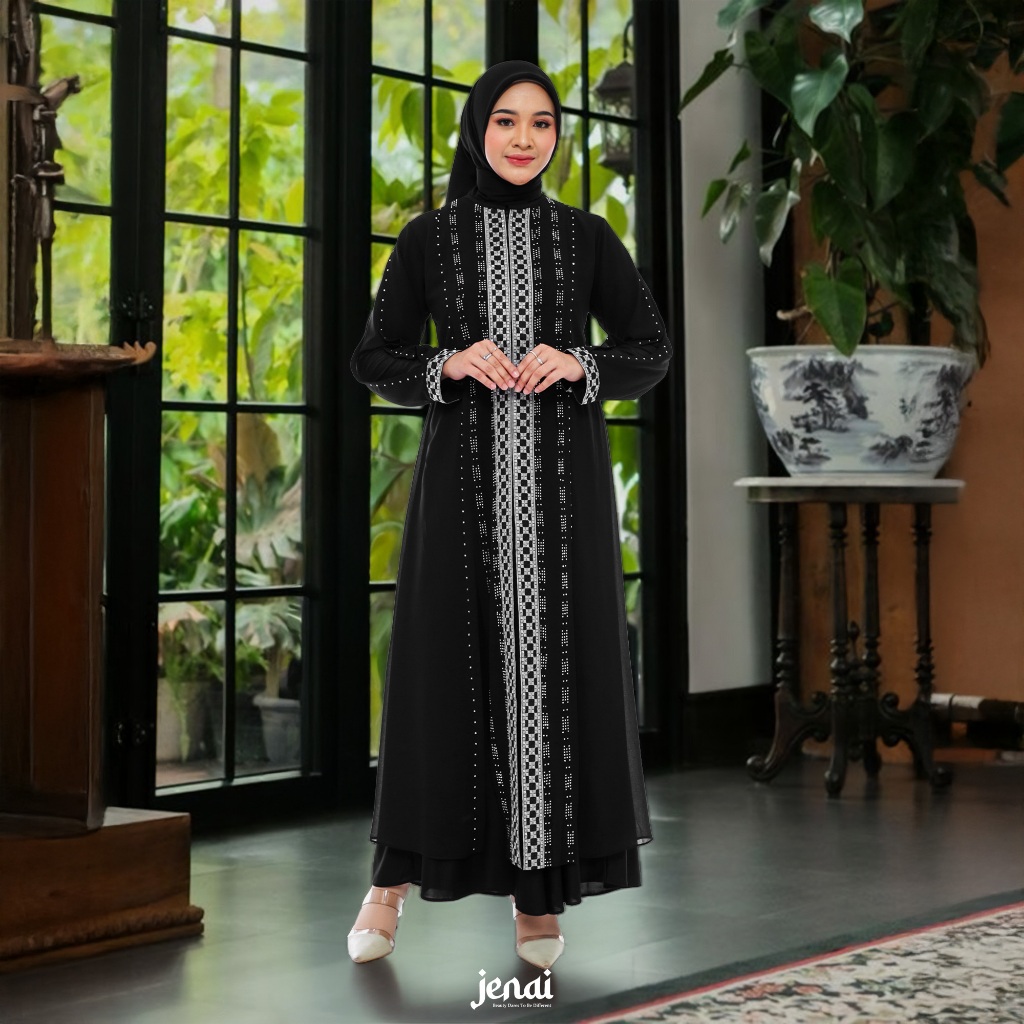JENAI Abaya Hitam Silver Elegan - Gamis Hitam Mewah Terbaru dan Busui Friendly