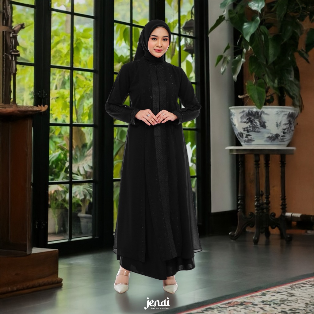 JENAI Abaya Hitam Elegan - Gamis Hitam Mewah Terbaru dan Busui Friendly