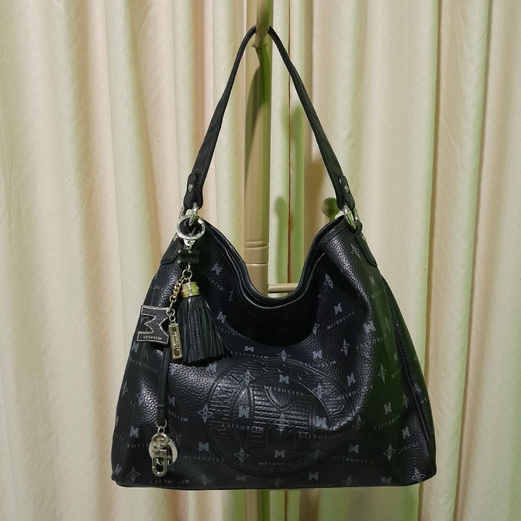 Tas Tote Laptop Hobo Kulit Asli METROCITY BLACK LEATHER Hitam