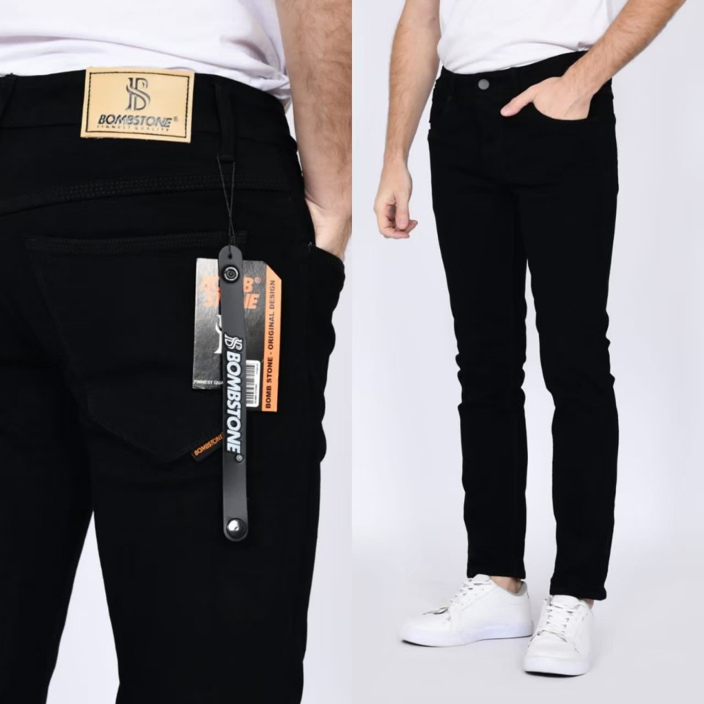 BOMBSTONE DENIM - Celana Pria Jeans Panjang SLIMFIT Calana warna Black jazz Scrup Clor Hitam Polos