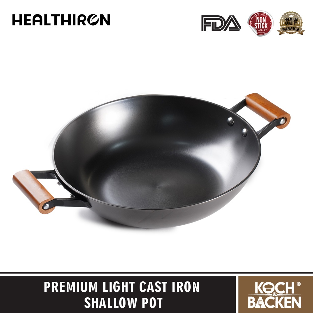 KOCH&BACKEN Premium Light Cast Iron Shallow Pot - Wajan Penggorengan Besi Cor Anti Lengket Gagang Ka
