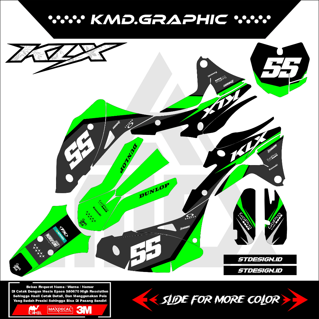 DECAL KLX BODY GORDON / DECAL KLX 150 / STICKER KLX GORDONS HITAM HIJAU