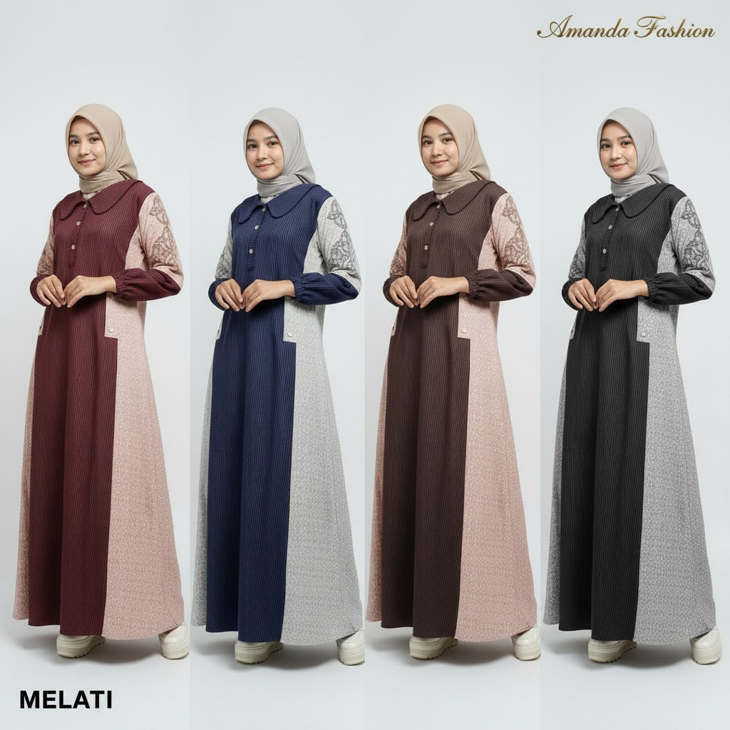 Gamis Amanda Melati Bahan Bugatti Motif Salur Mix Jaguar Motid Bordir Lengan (Free Pouch, Goodie Bag