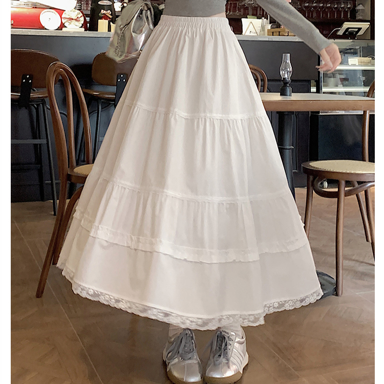 Moogu - Rok Panjang Korea  Leisure Rok Renda Putih Murni Wanita Rok Mixi Skirt