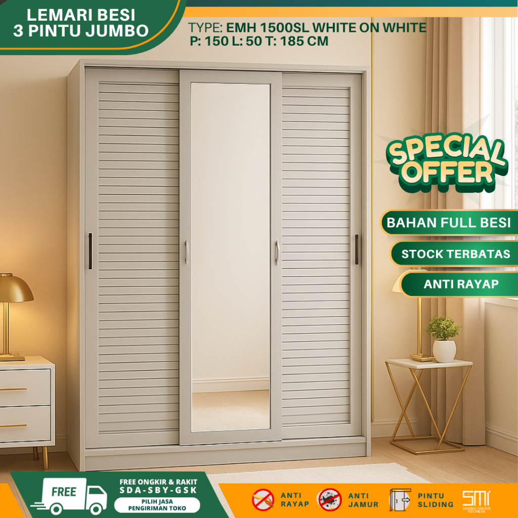 Lemari Besi Jumbo 150cm - Lemari Baju 2 Pintu Lemari Pakaian Sliding 3 Pintu Lemari Besi Almari Baju