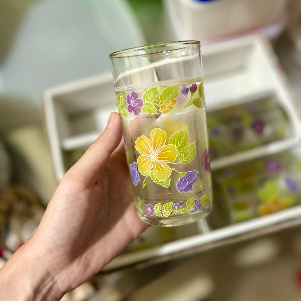 Gelas Jus Tamu kopi kaca - Gelas kaca motif kembang - Gelas Bunga