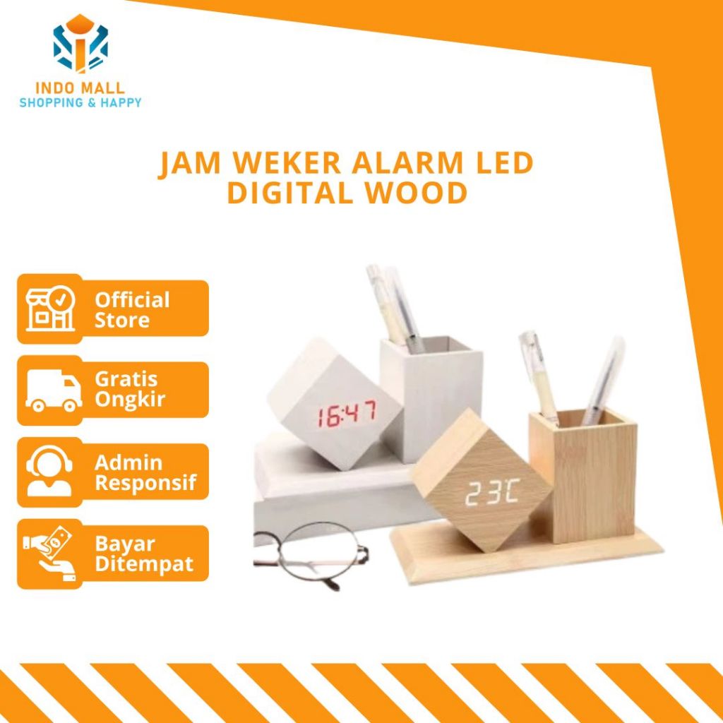 Jam Weker Alarm LED Digital Wood, Watch Meja Motif Kayu Tempat Pensil