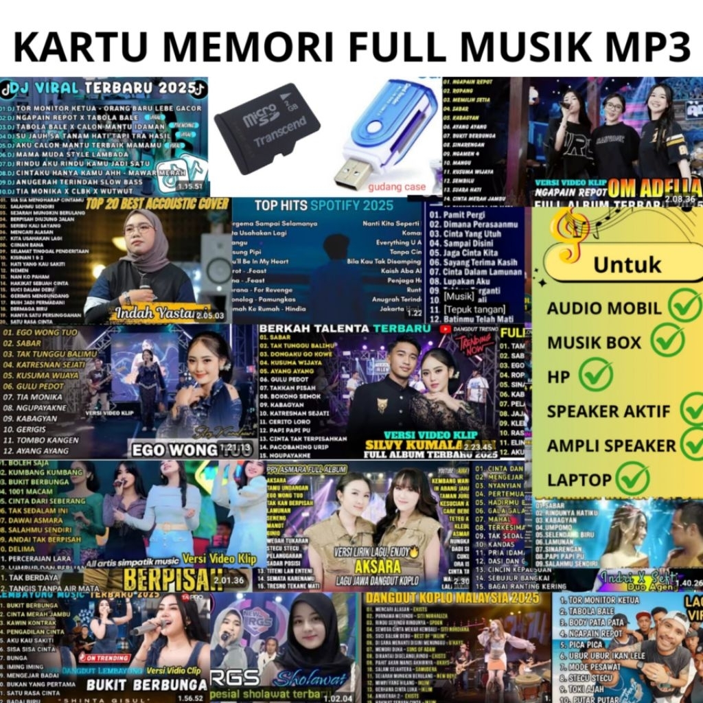 Kartu Memori isi 60 Full Album Musik MP3, isi Ribuan Lagu Terpopuler dilengkapi dengan USB Card Read