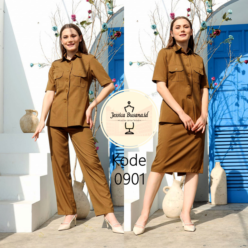 Blazer Seragam Wanita Waskat PDH ASN PNS Kerah Kemeja Lengan Pendek Kantong Dada Set ROK PENDEK / CE