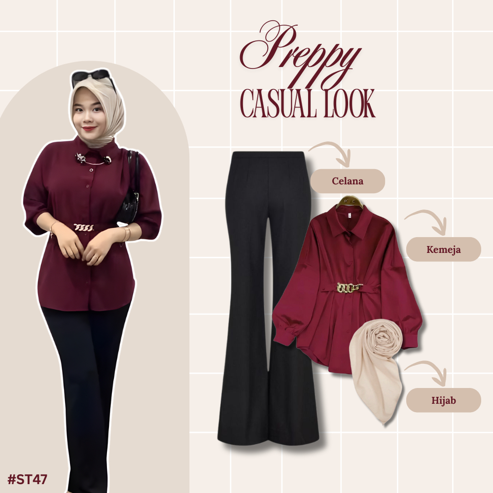 Setelan Wanita 3IN1 Kekinian | Kemeja Maroon + Celana Cutbray + Hijab Bella Square | OOTD Hijab Keki