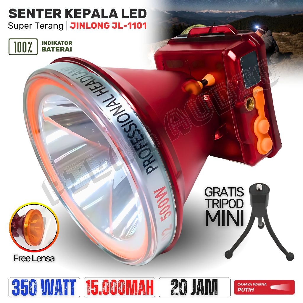 JIN LONG Senter kepala Led 350W JINLONG JL-1101 Gratis lensa kuning dan tripod mini