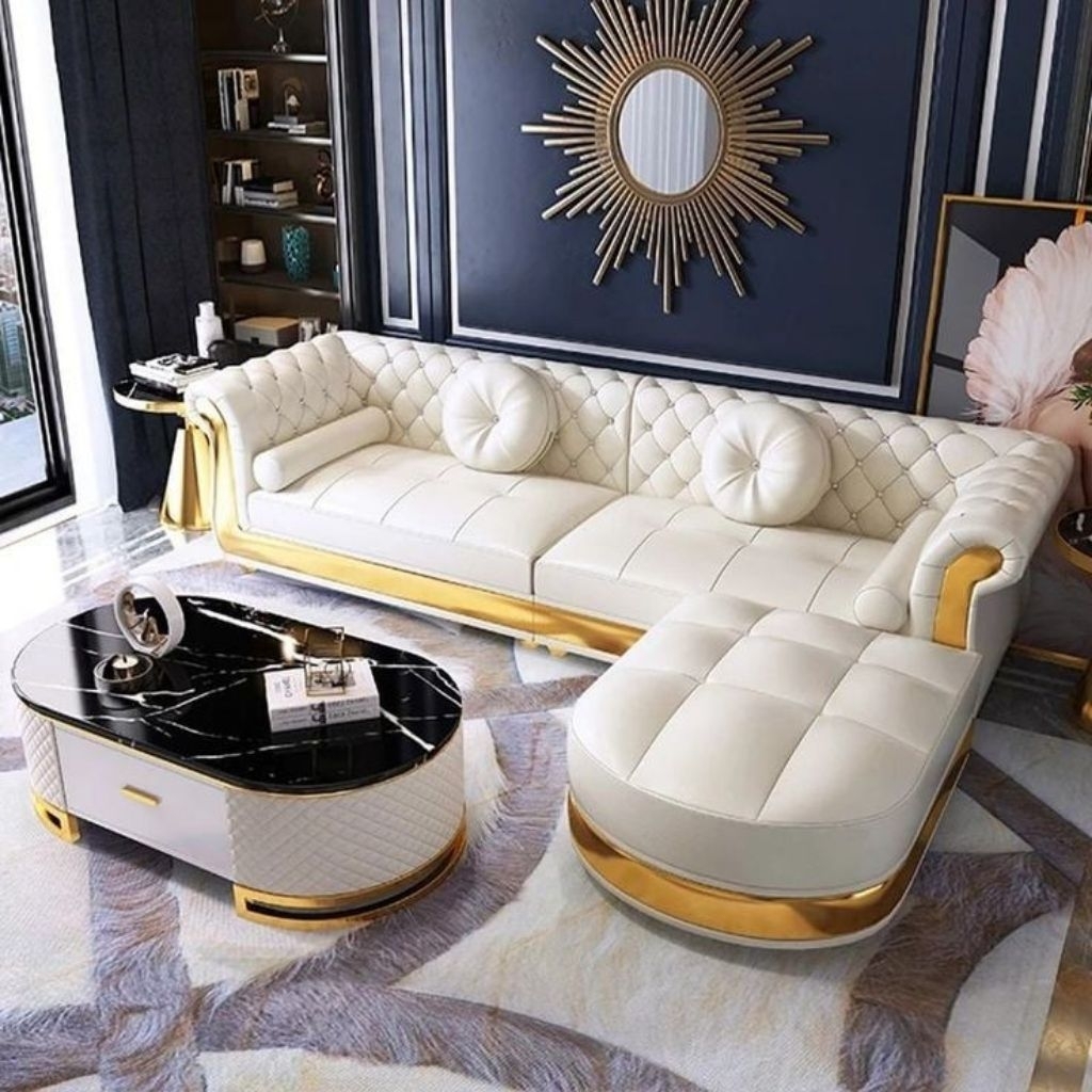 Kursi Sofa Modern Mewah L Berbentuk Kulit Sudut Sofa De Salon Stainless Steel Penutup Sofa Ruang Tam