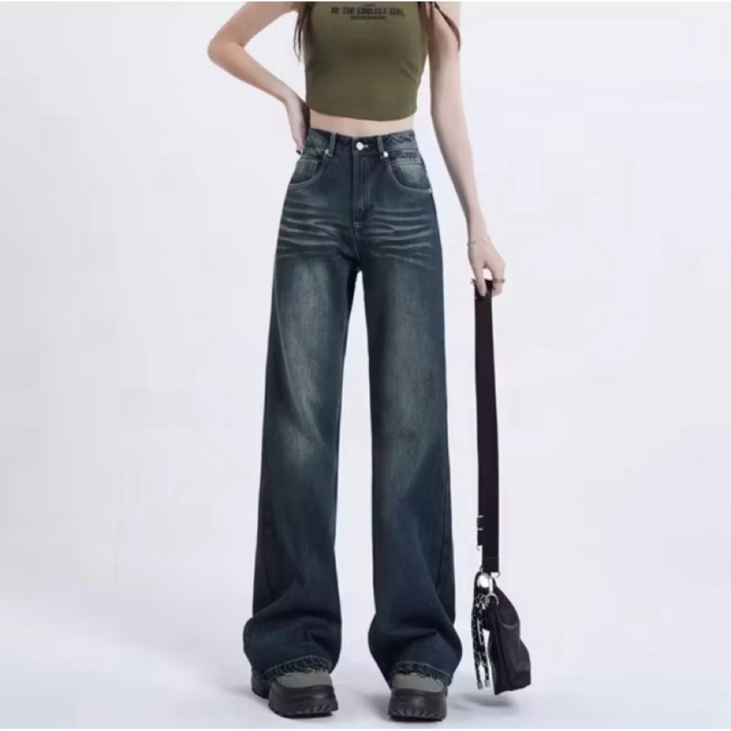 Celana baggy jens Highwaist Wanita Denim Premium Model Loose Fit