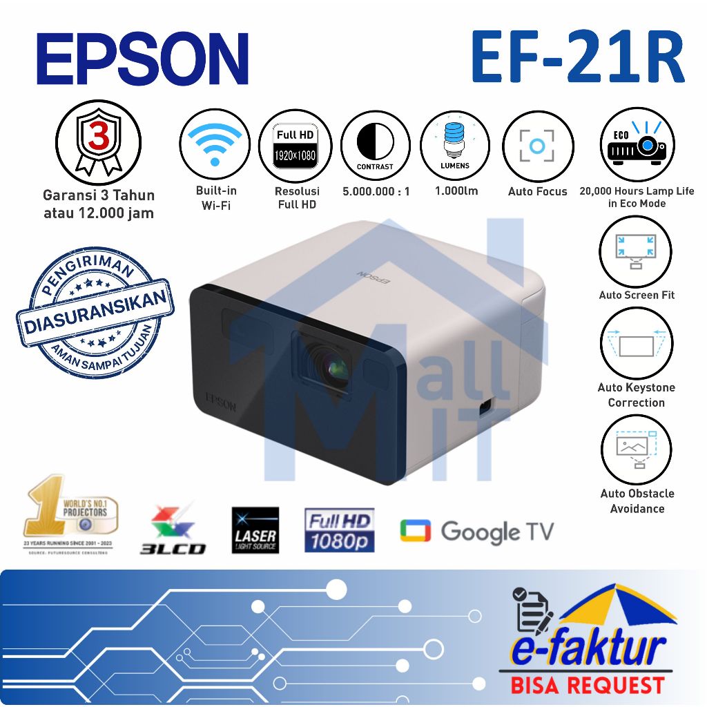 MALLIT EPSON Proyektor Laser Epson EpiqVision Mini EF-21R EF21R EF 21R 1080P Full Hd 1000 Lumens Gar