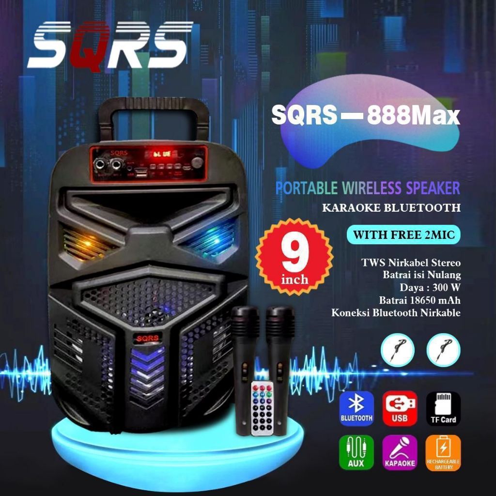 Speaker Bluetooth SQRS 888 Max - Suara Bass Kencang, Baterai Tahan Lama, LED Light, 9 Inch