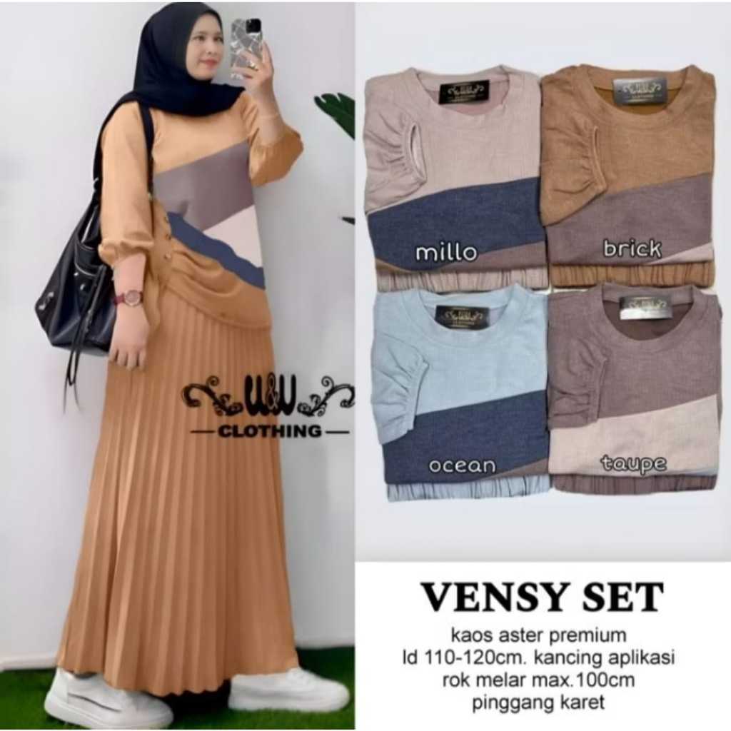 VENSY SET ROK PLISKET LEBAR MAYUNG ATASAN LENGAN PANJANG SETELAN KAOS KNIT ASTER PREMIUM TEBAL MELAR