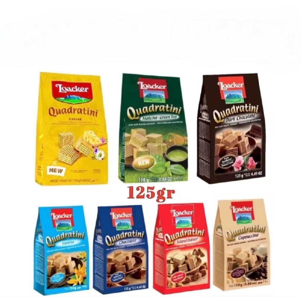 Loacker Quadratini Wafer Dark Chocolate Vanilla Matcha Napolitaner Snack Cemilan