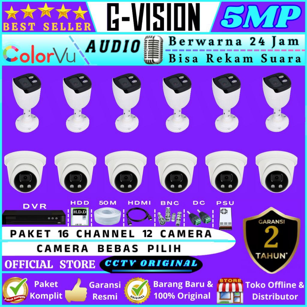 PAKET  CCTV  5MP  COLORVU  AUDIO  16  CHANNEL  12  CAMERA  LENGKAP