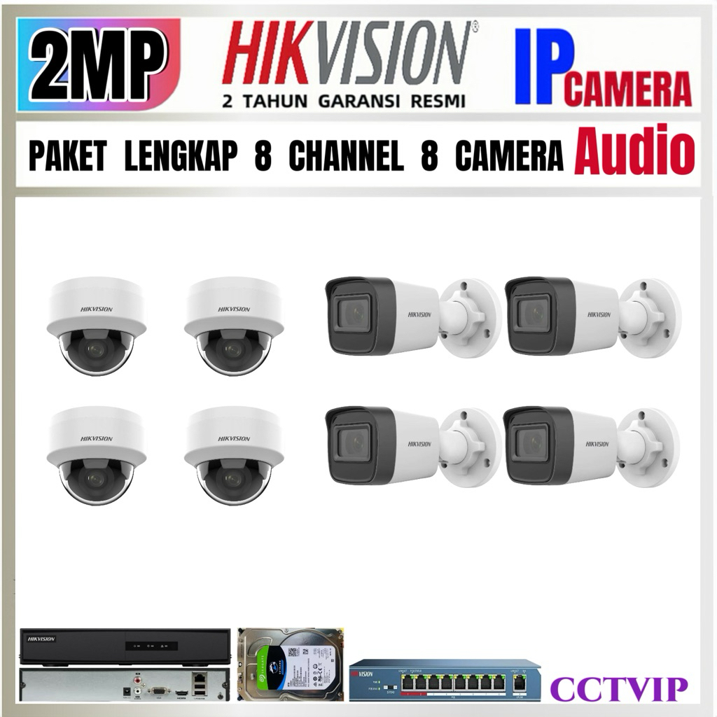 PAKET CCTV IP CAMERA HIKVISION 2MP AUDIO  8 CHANNEL  8 CAMERA  IP  POE