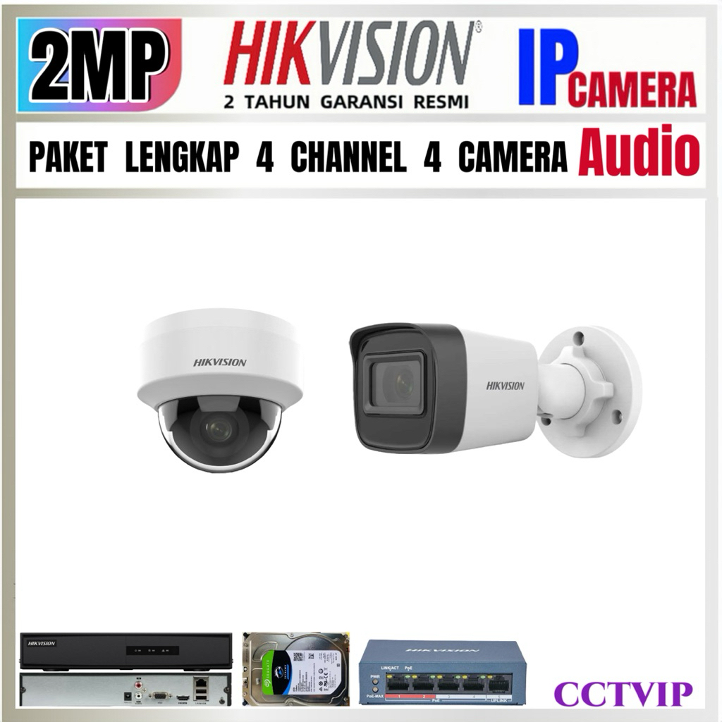 PAKET CCTV IP CAMERA HIKVISION 2MP AUDIO  4 CHANNEL  2 CAMERA  IP POE