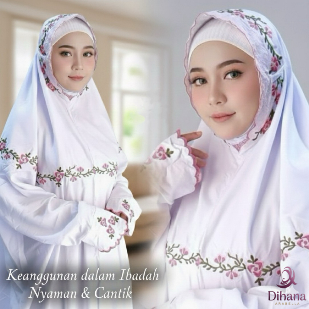 MUKENA TERUSAN PUTIH Bordir Bunga LAJURAN JUMBO | MUKENAH LANGSUNGAN Katun Polino Mikro Adem | RUKUH