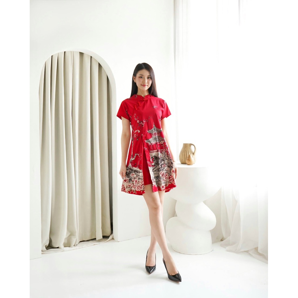 dress batik cheongsam qb167 red ( baju wanita only)