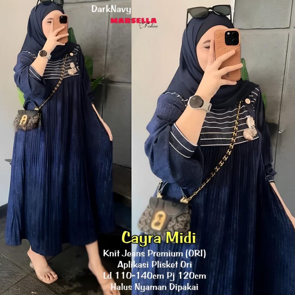 Gamis Cayra Midi Wanita | Dress Muslim Plisket Kombinasi | Bahan Knit Jeans | Ukuran Jumbo
