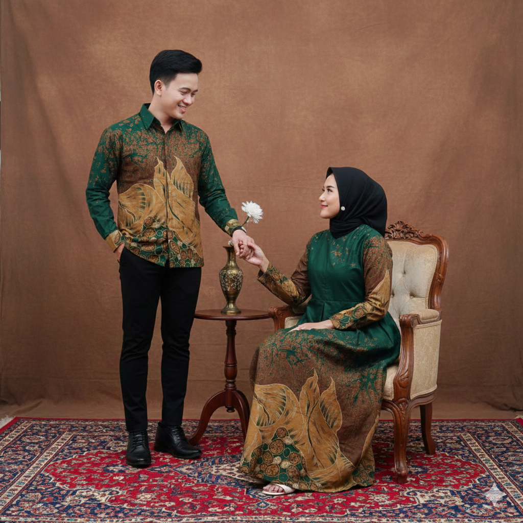 Batik Sarimbit Couple Kondangan Dewasa Premium Full Katun | Kemeja Pria & Gamis Batik Watukumpul ijo