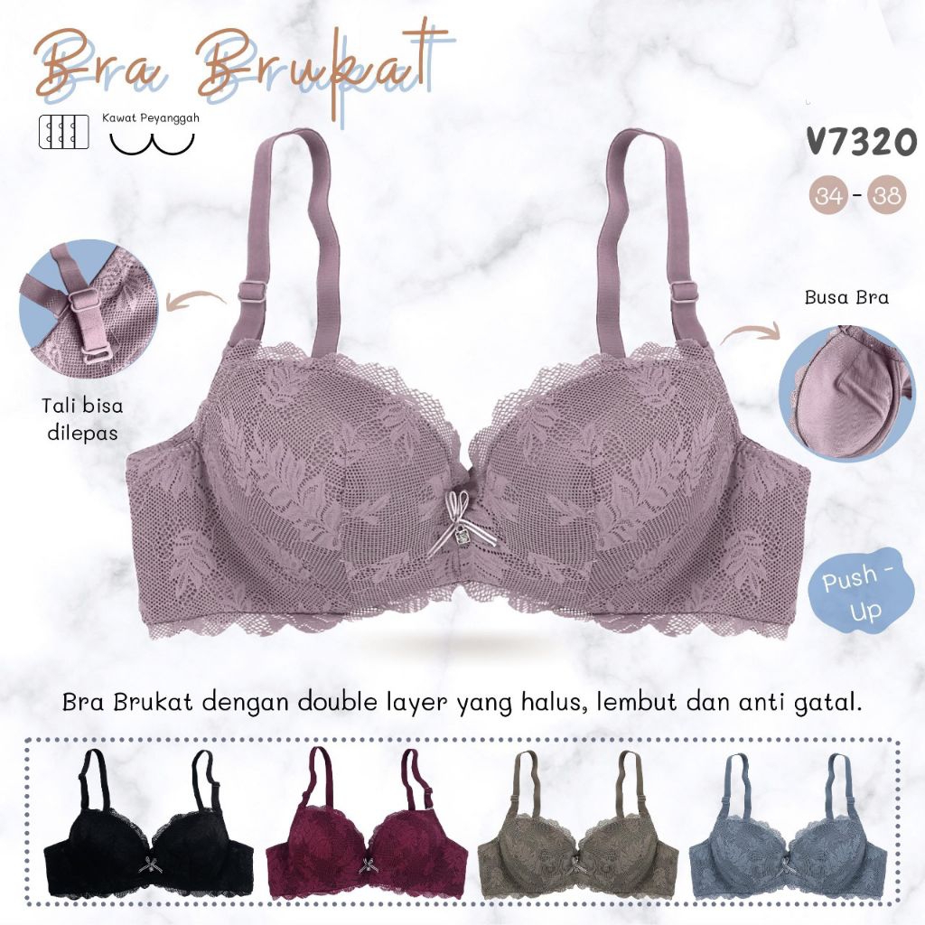 BH Wanita Push-up Bra, Busa Tebal, Berkawat Full Brukat Lace Chelyne V7320