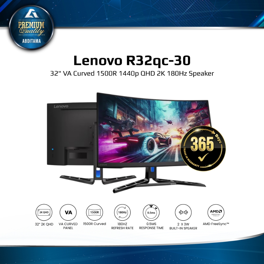 LENOVO R32QC-30 31.5" Curved 1500R VA QHD 1440p 180Hz 0.5ms 99% sRGB HDMI2.1x2 DP1.4x1 Speaker Ergo