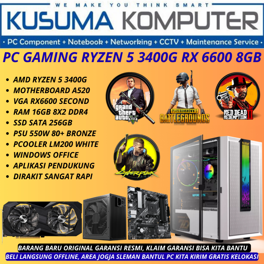 PC Gaming PC Rakitan AMD Ryzen 5 3400G RX6600 16GB RAM