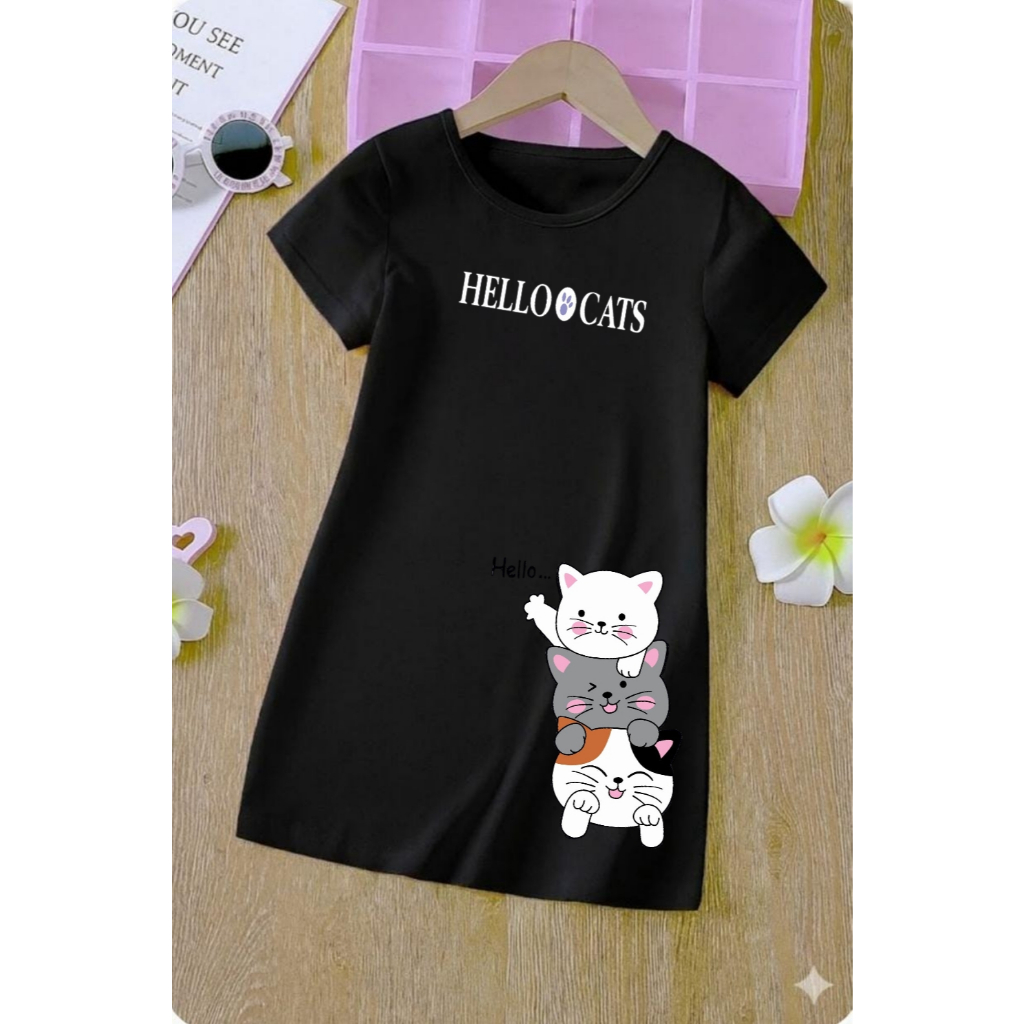 zea_Kids Daster Anak Perempuan/Gaun Anak Terbaru Hello Cats 1-10 Tahun