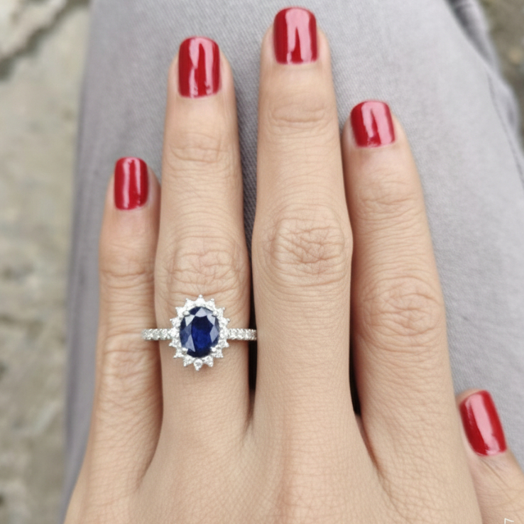 cincin lady diana blue sapphire natural diamond ring silver