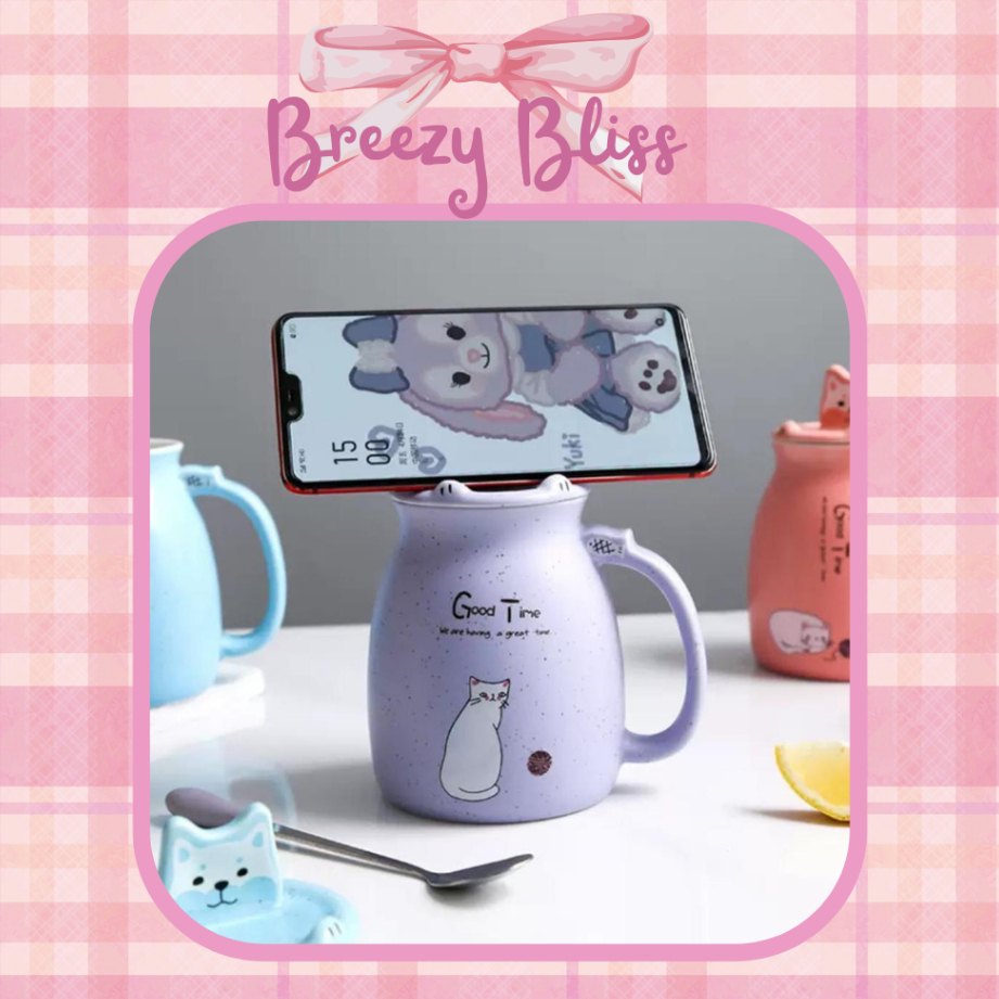Set Mug Ceramic With Lid Spoon Creative Cat HP Holder Set Cangkir Keramik Impor Motif 3D Cat Kucing 