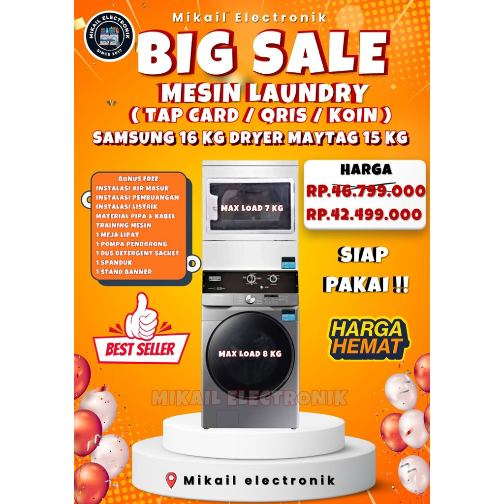 PAKET LAUNDRY SELF SERVICE 1 SET SIAP PAKAI - MESIN CUCI  SAMSUNG 16 KG DRYER KOMERSIL