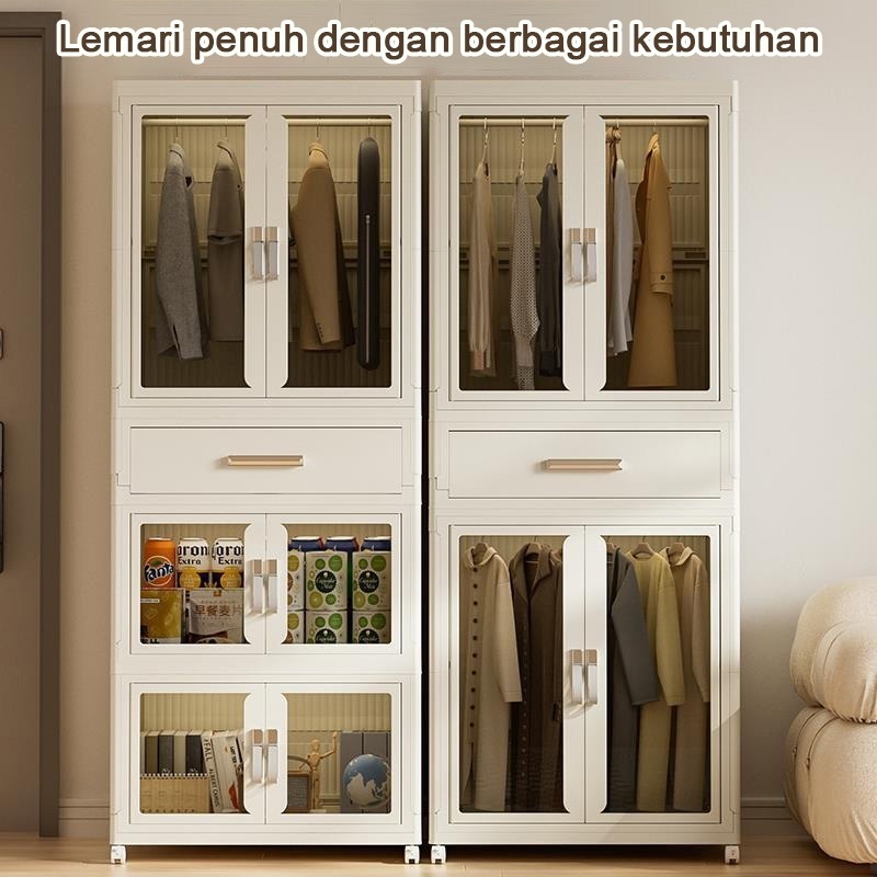 OULEN Lemari Pakaian Plastik Lipat Besar Kapasitas | Lemari Baju dengan Pintu Kaca + Laci + Roda Por