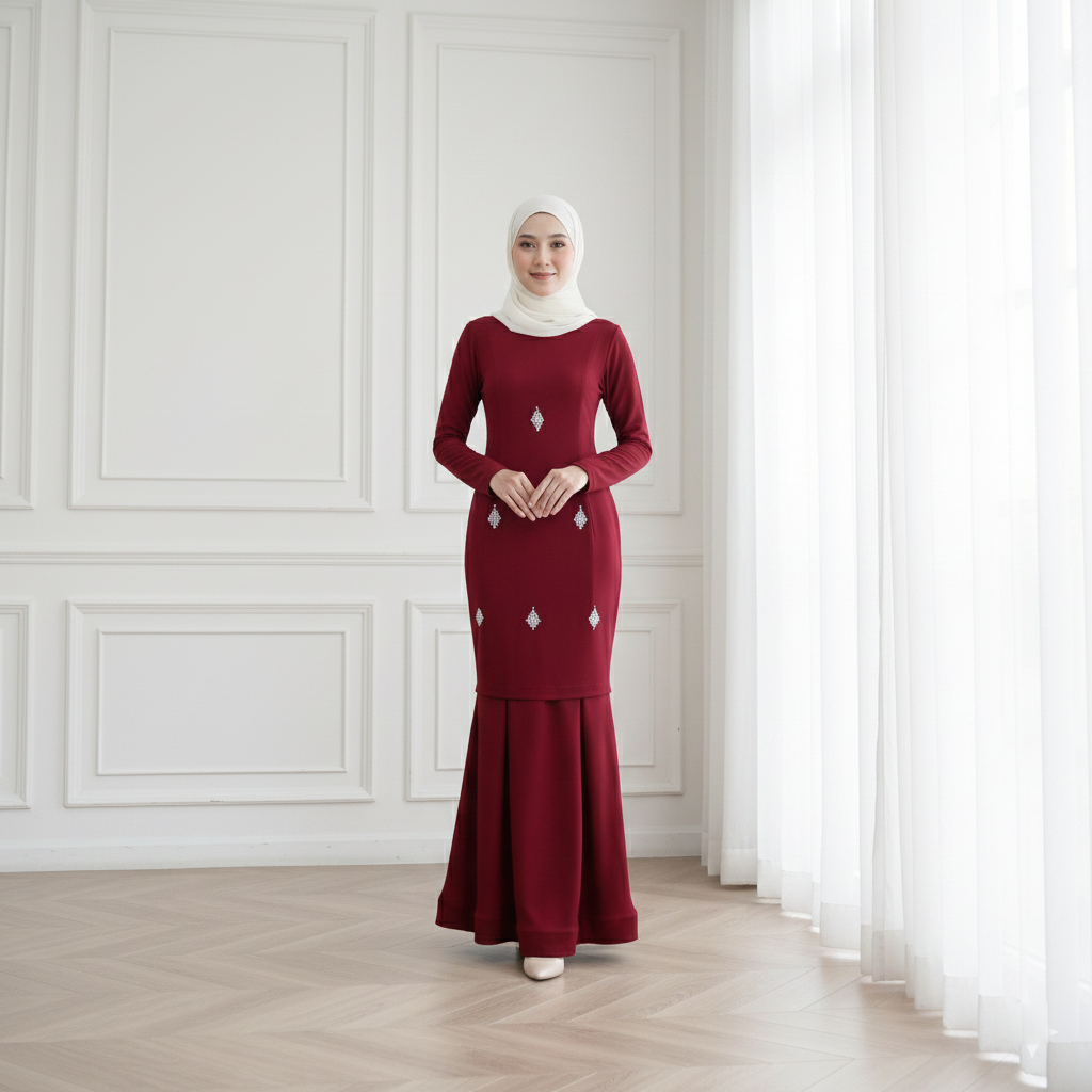 BAJU KURUNG ALEEYA DARK MAROON DRESS GAMIS  MELAYU WANITA MODERN RAMADHAN LEBARAN 2026 GAYA MALAYSIA