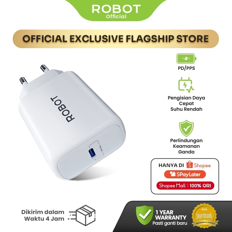 ROBOT Smart Phone Charger GaN Fast Charging 30W Kepala Charger USB Type C Fast Charging RT-GC02 Orig