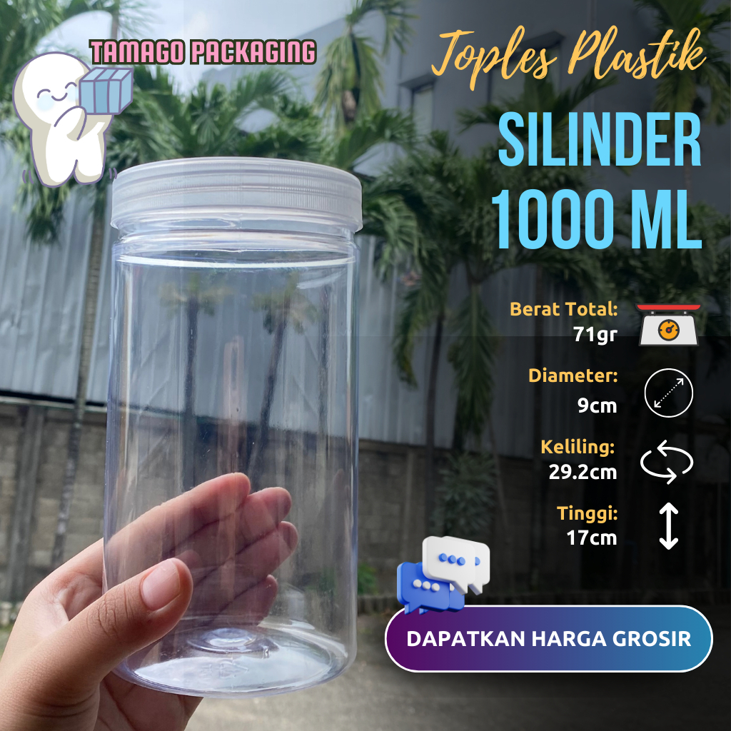 (Grosir) Toples Plastik 1000ml Premium Jar Silinder Cylinder Tabung Kue Snack Cookies 1L 1 Liter  Tu