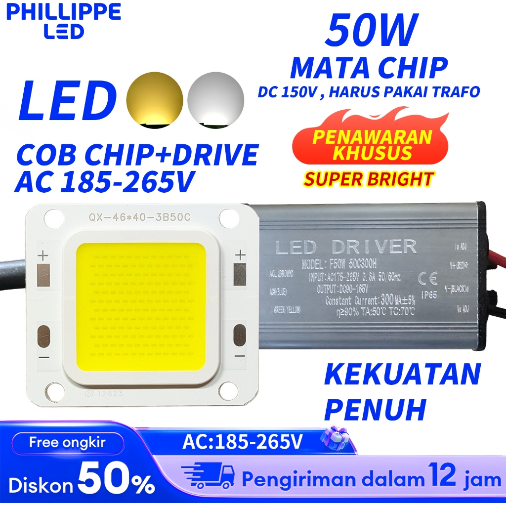 Trafo LED PJU COBRA 50Watt+Mata LED 50Watt / Drive LED 50W+COB Chip 50W Lampu