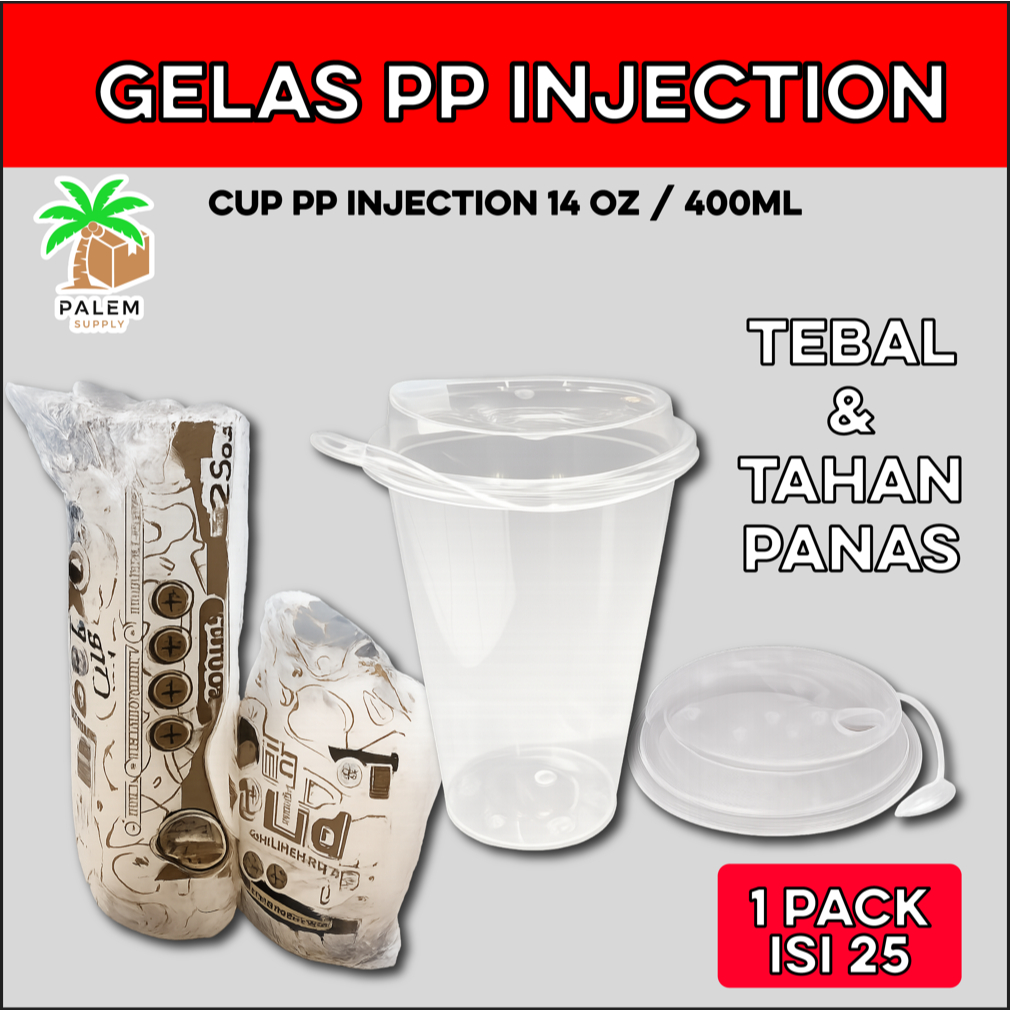 Gelas Cup PP Injection 14oz/400ml PP Cup Injection Gelas Tebal Premium FREE TUTUP